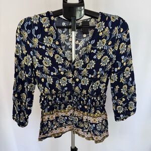 Mi Ami Floral Blouse Womens XS Navy Peplum V Neck 3/4 Sleeve Top
